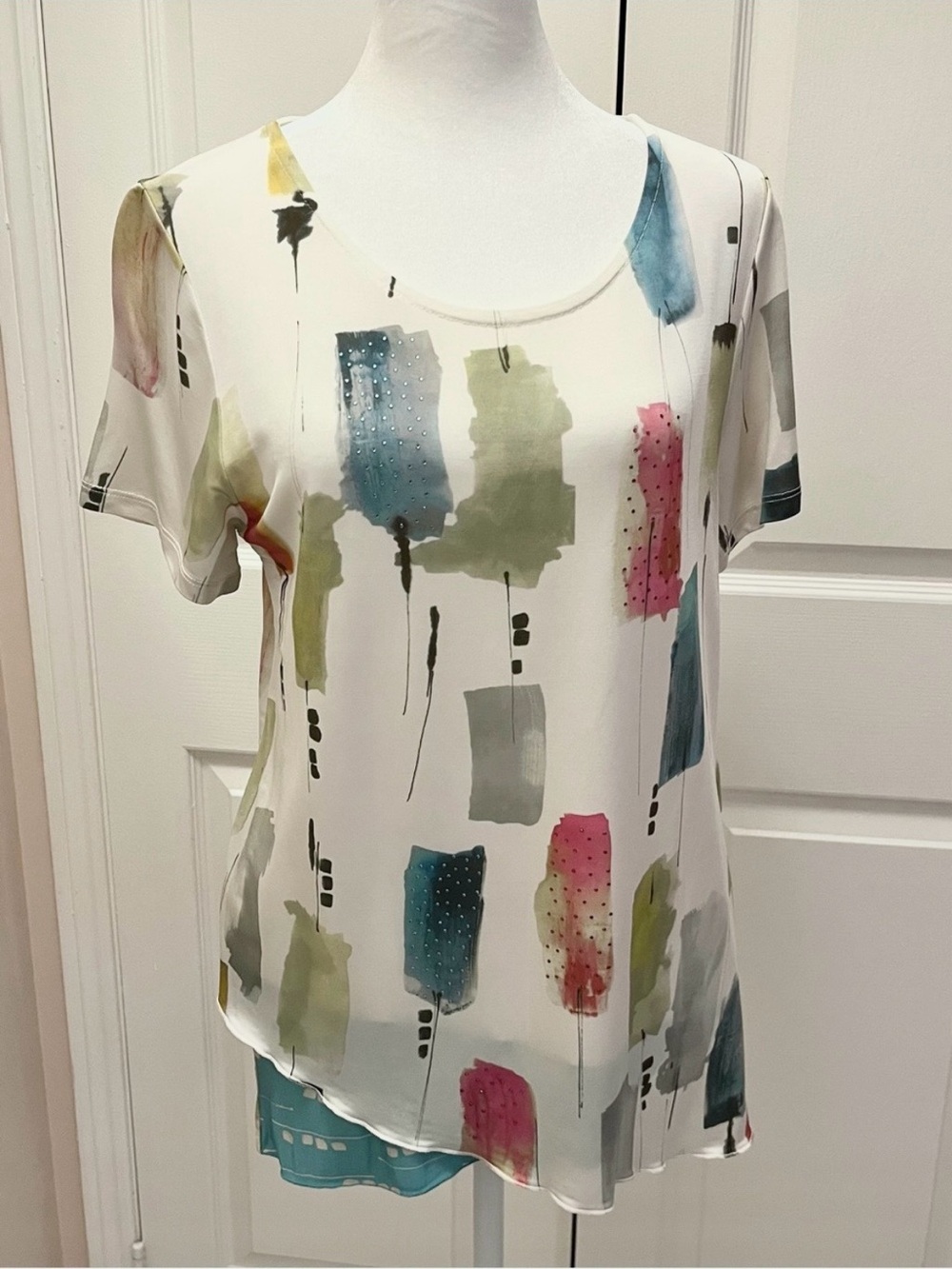 Lorella Sgarbi Italy Abstract Watercolor Asymmetric Rhinestone Top Size XL